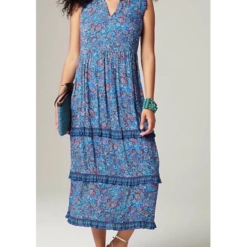 J Jill Coastal Ruffles Sleeveless Blue Paisley Floral Tiered Midi Dress
 XL-P